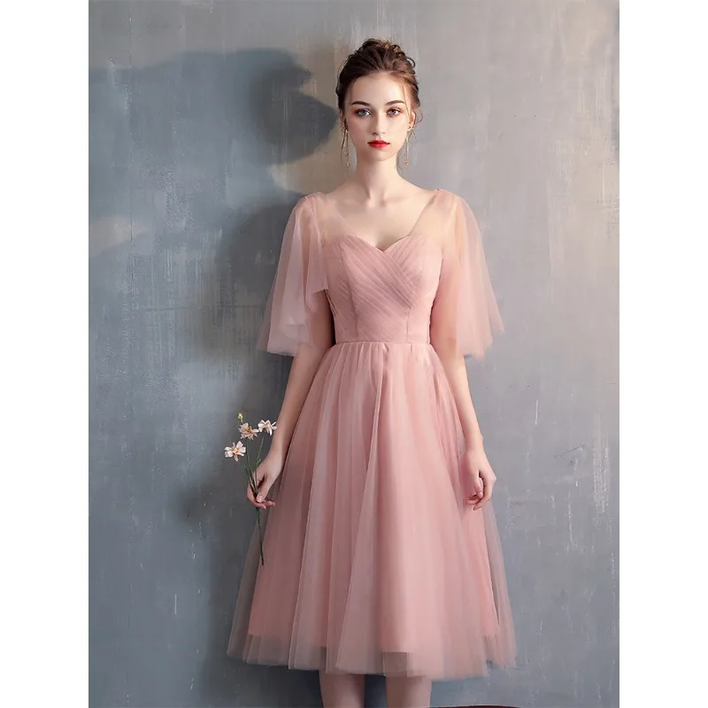 Customized Pink Bridesmaid Dresses Sweet Memory Elegant Women A-Line Tulle Prom Dress Birthday Party Evening Gown