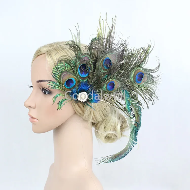 1920s Peacock Feather Fascinator Headband Clothing Hairpin Head Trim Side Clip Performance Party Event Accessories Bride