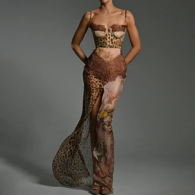 

Leopard Print Lace Split Sexy Maxi Dress Women Gown Elegant Patchwork Chiffon Sleeveless Backless Beach Evening Dress