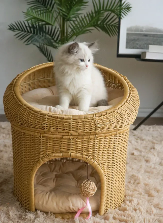 natural braided wicker pet nest cat woven basket four seasons woven rattan warm mat cat bed pet litter