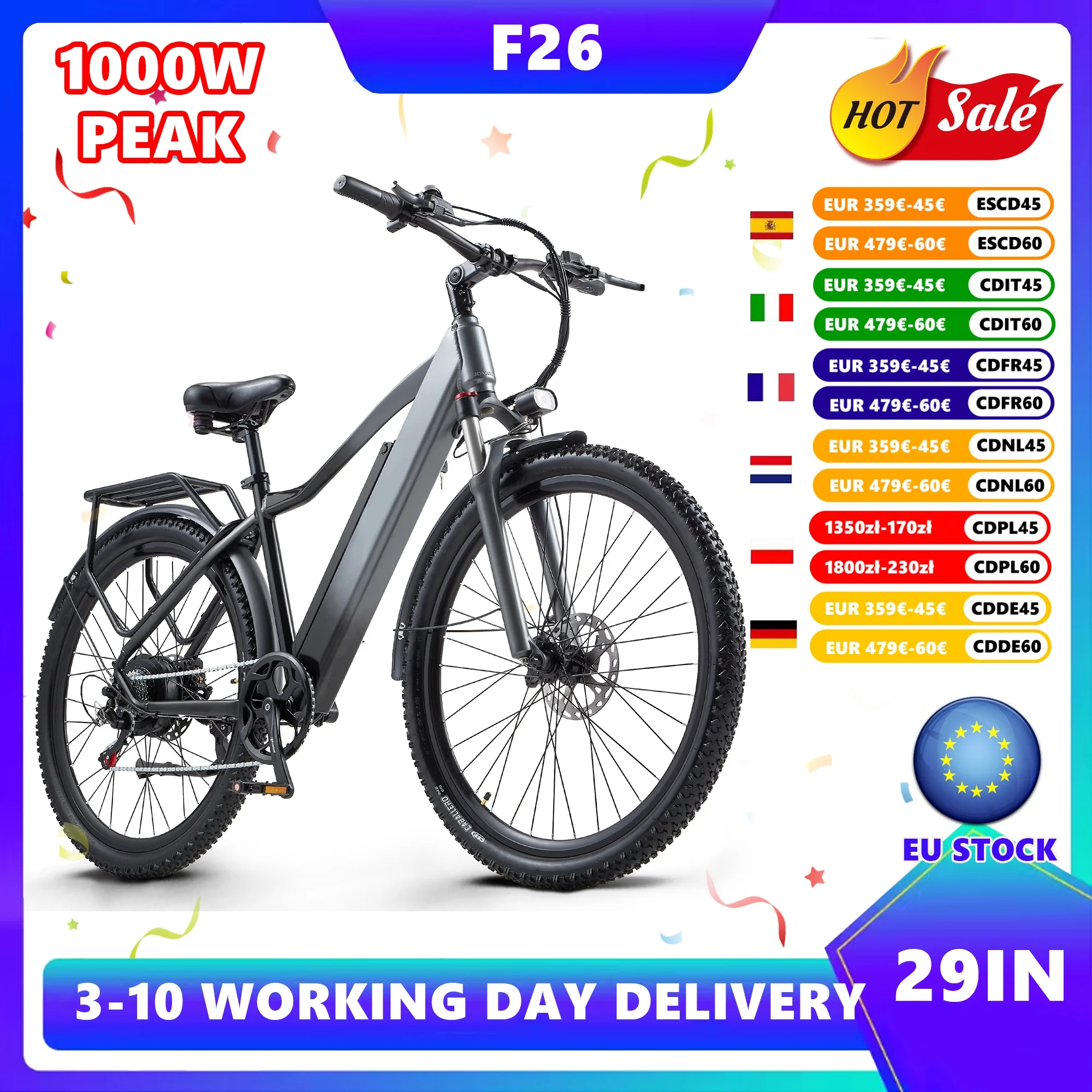 Vélo électrique 29''/27,5 pouces, moteur PEAK1000W, vélo de montagne électrique, freins hydrauliques, batterie 48V 18Ah, vélo électrique tout-terrain, frein à huile