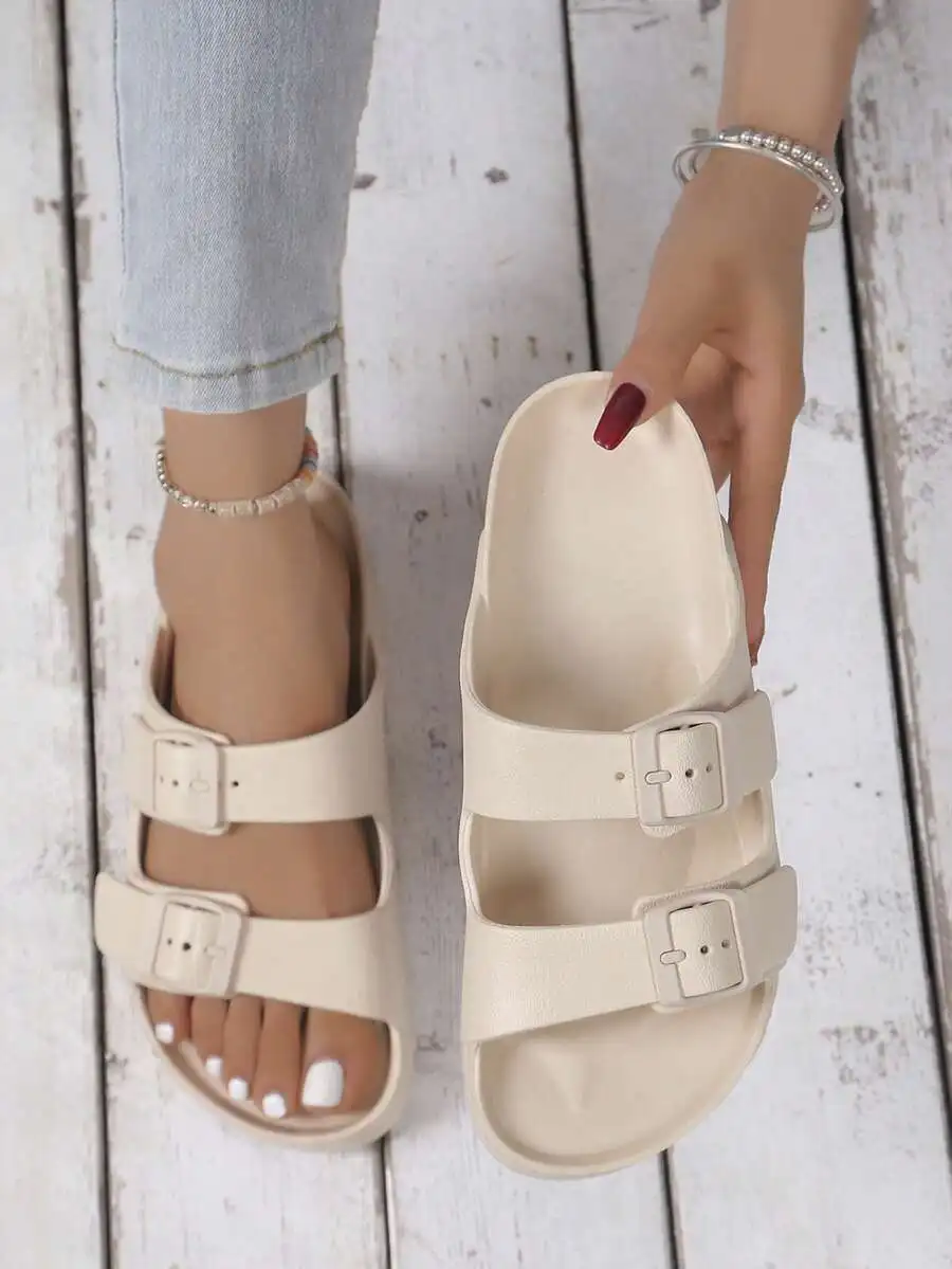 

Women's Beige Sandals With Double Straps, EVA Slip-On Sandal With Buckle, Anti-Slip, Durable, Soft