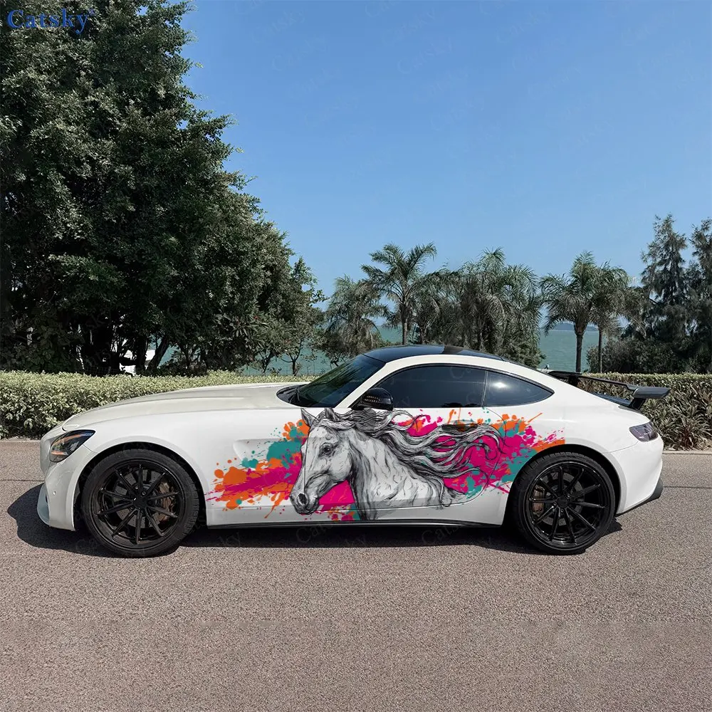 Colorful Background White Horse Car Sticker Full Body Decal Decoration Scratches Protect Car Sticker Waterproof Car Vinyl Wraps