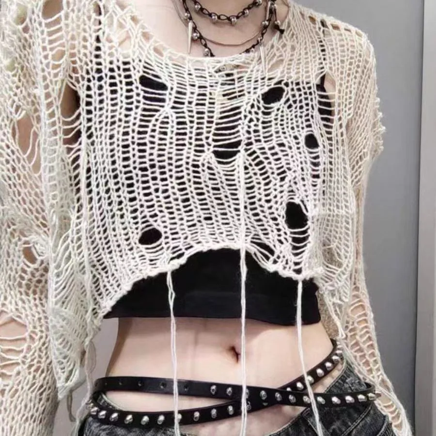 سترة نسائية محبوكة مثيرة باللون الأبيض مائل الرقبة الجرونج سترة ممزقة بلوفر قصير هاراجوكو مفرغ موضة الصيف لاعبا #5