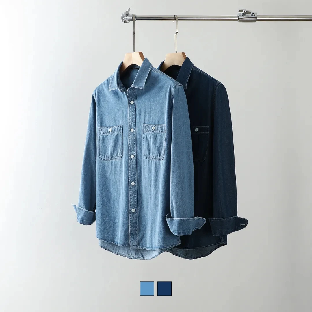 

Retro American Double ket Cotton Denim irt Faionable Casual Lightweight Workwear Sle Full Cotton irt Jaet