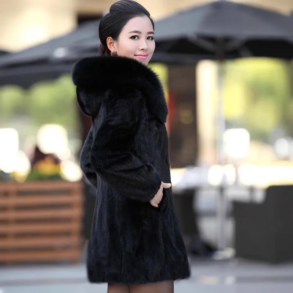 Autumn Winter New Women's Faux Rabbit Fur Thick Hooded Faux Fox Fur Collar Mid-Long Coat