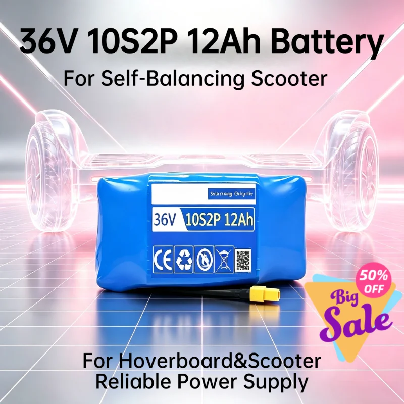 36V 12Ah Lithium‑ion Battery Pack 10S2P XT60 Plug Rechargeable Battery for Hoverboard Self‑Balancing Scooter Replacement Battery