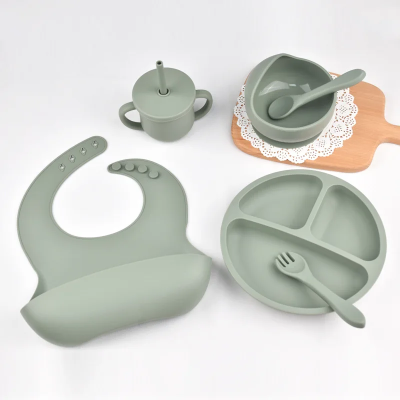 6 Stuks Siliconen Servies Set Baby Voeding Waterdichte Slabbetje Bord Kom Lepel Vork Stro-Cup Kinderen Groei Cadeau Voor Jongen Meisje