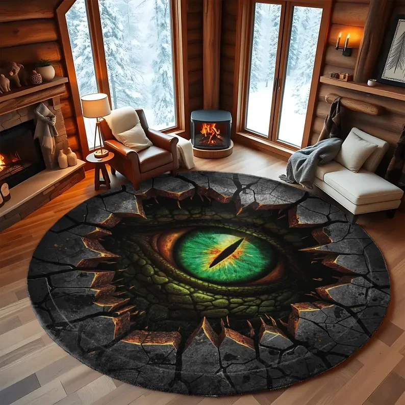 Printed Faux 3D Dragon Eye Round Rug Scary Printed Illusion Dragon Eye Design Creepy Dragon Lover Fantasy Floor Decor