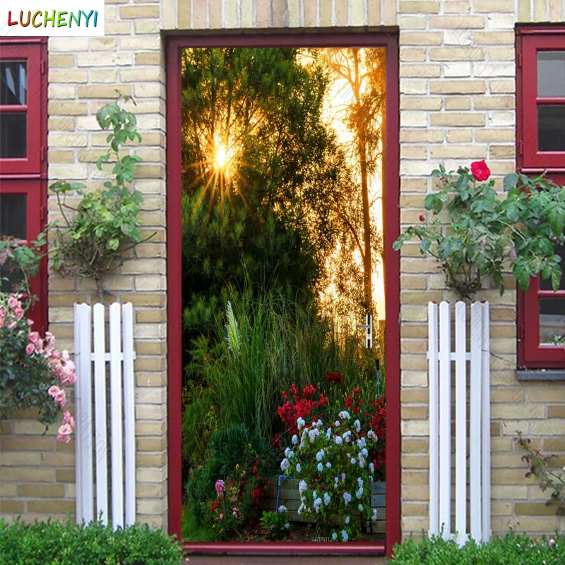 

Papel de parede sun shines on the forest red white flowers landscape door sticker bedroom door wallpaper mural , home decoration