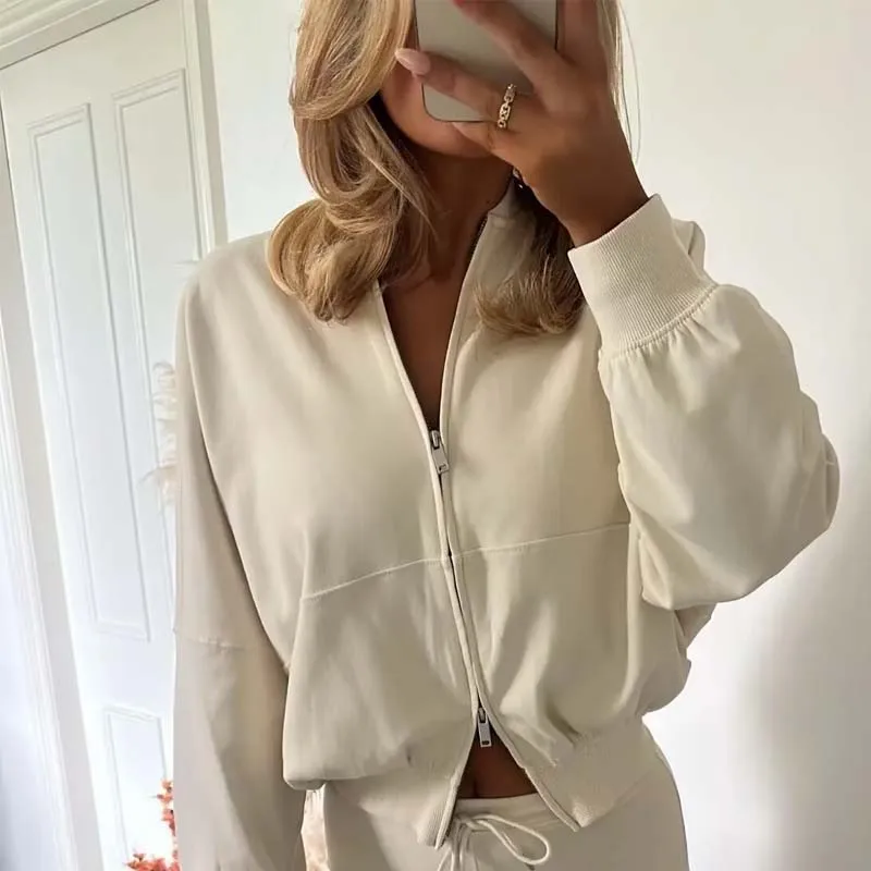 

YENKYE 2025 Women Solid Interlock Bomber Jacket Long Sleeve Casual Loose Outerwear Female Autumn Tracksuit