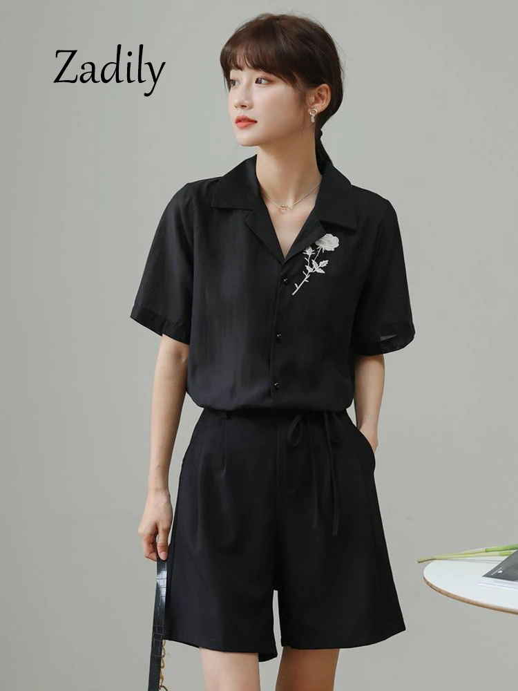 Zadily 2024 Sommer Vintage Kurzarm Frauen schwarz Hemd Blumen stickerei lose Knopf oben dünne Tunika weibliche Kleidung Tops