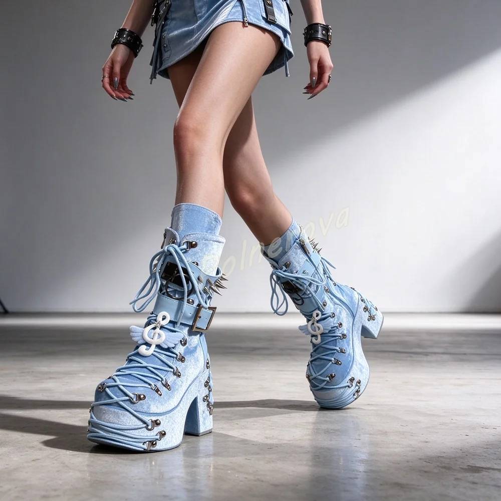 Blue Velvet Platform Ankle Boots Spiked Buckle Strap Lace Up Block High Heels Music Note Wing Shoes Gothic Punk Women Shoes