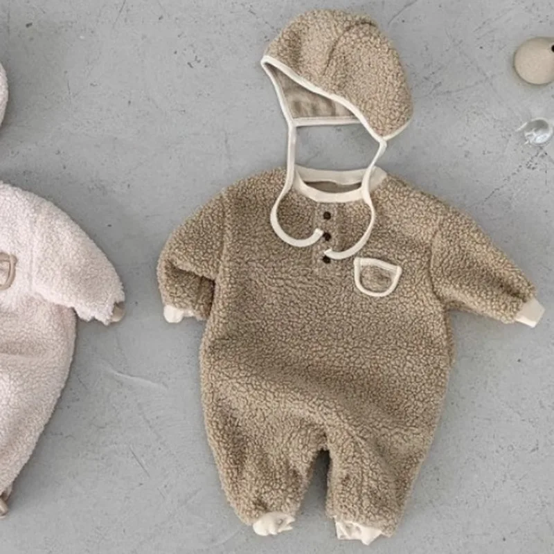 2025 겨울 신생아 따뜻한 베르베르 플리스 롬퍼 + 모자 신생아 유아용 플러스 벨벳 두꺼운 긴팔 점프수트 남아 여아 옷