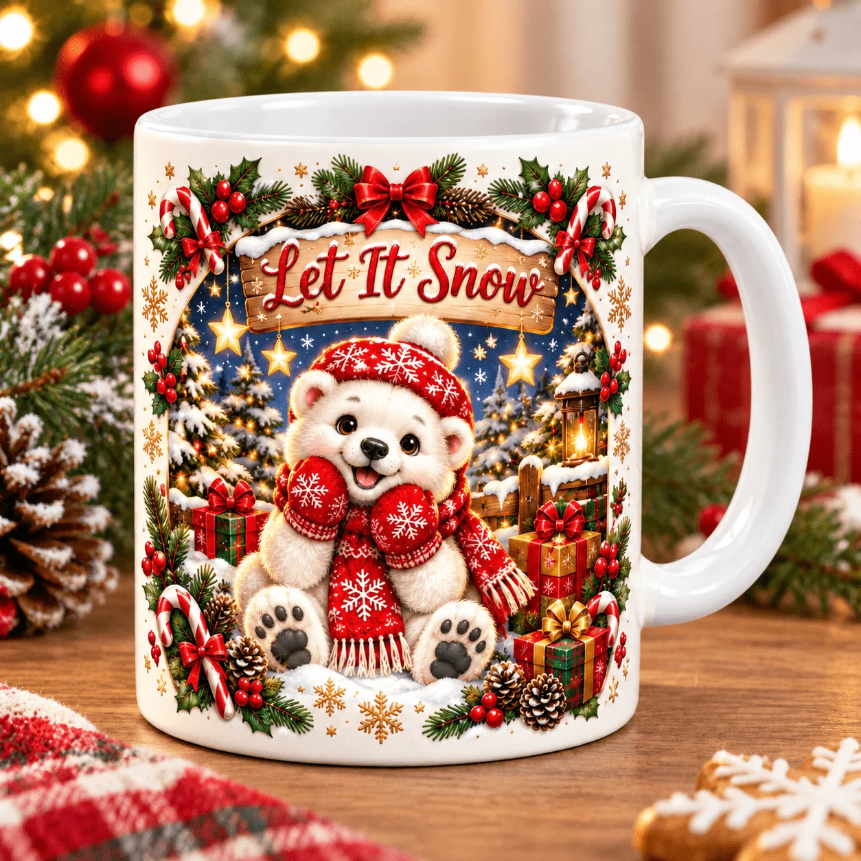 2D 1pc 11oz Personalized Christmas Polar Bear Coffee Mug, Christmas Gift for Bestie, Water Cup Hand Wash Only, Microwave Safe