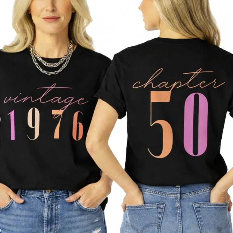 50th Birthday Gift for Women Vintage 1976 Shirt for Her Letter Print Retro BD Party Tops Casual Short Sleeve Tees Streetwear