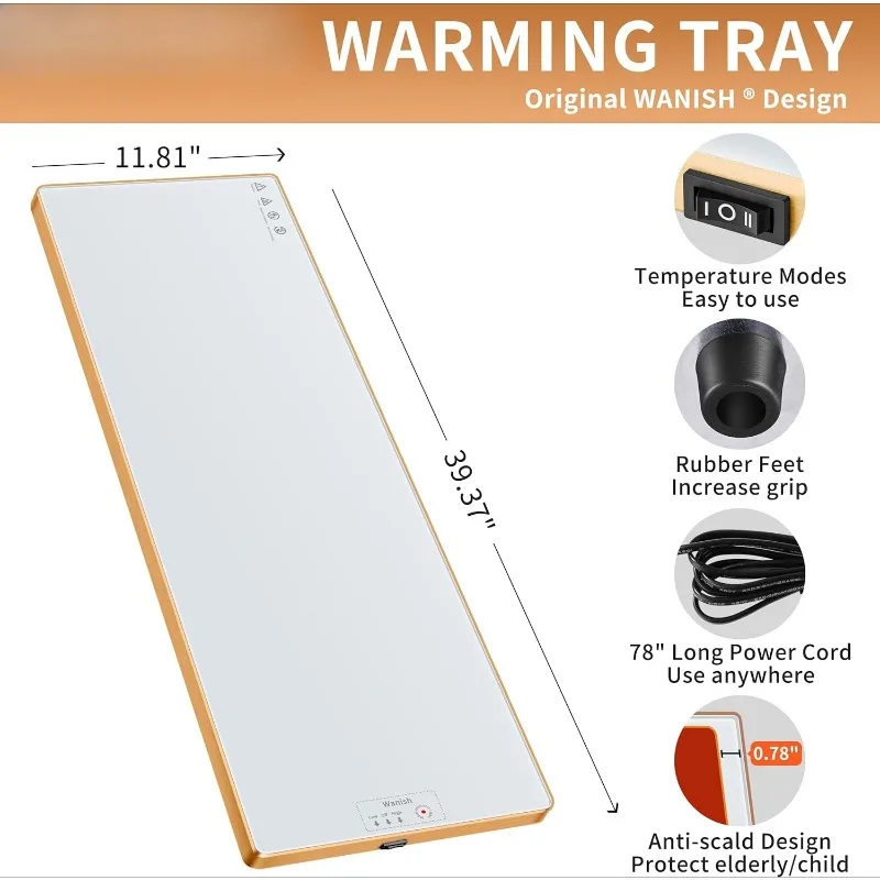 صينية تدفئة كهربائية (طويلة جدًا 40 بوصة × 12 بوصة)، سخان الطعام مع ترموستات وتدفئة السطح بالكامل، حصيرة تدفئة الطعام مع درجة حرارة 2