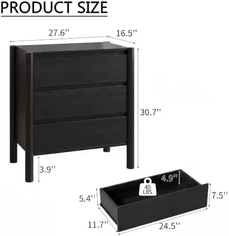 Oak3-Drawer Dresser for Bedroom,Black Mid-Century Modern Chest with Solid Wood Legs,Concealed Handle,Large Wood Storage