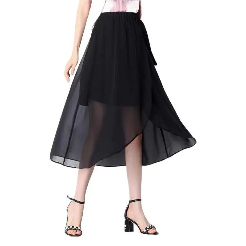 Women Summer Chiffon Skirts 2024 Autumn New Fashion Solid High Waist Irregular Bowtie Split A-Line Skirt    