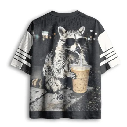 Cool Raccoon With Sunglasses Drink Bubble Tea Print Men V Neck Mesh Jersey Streetwear Short Sleeve Top
