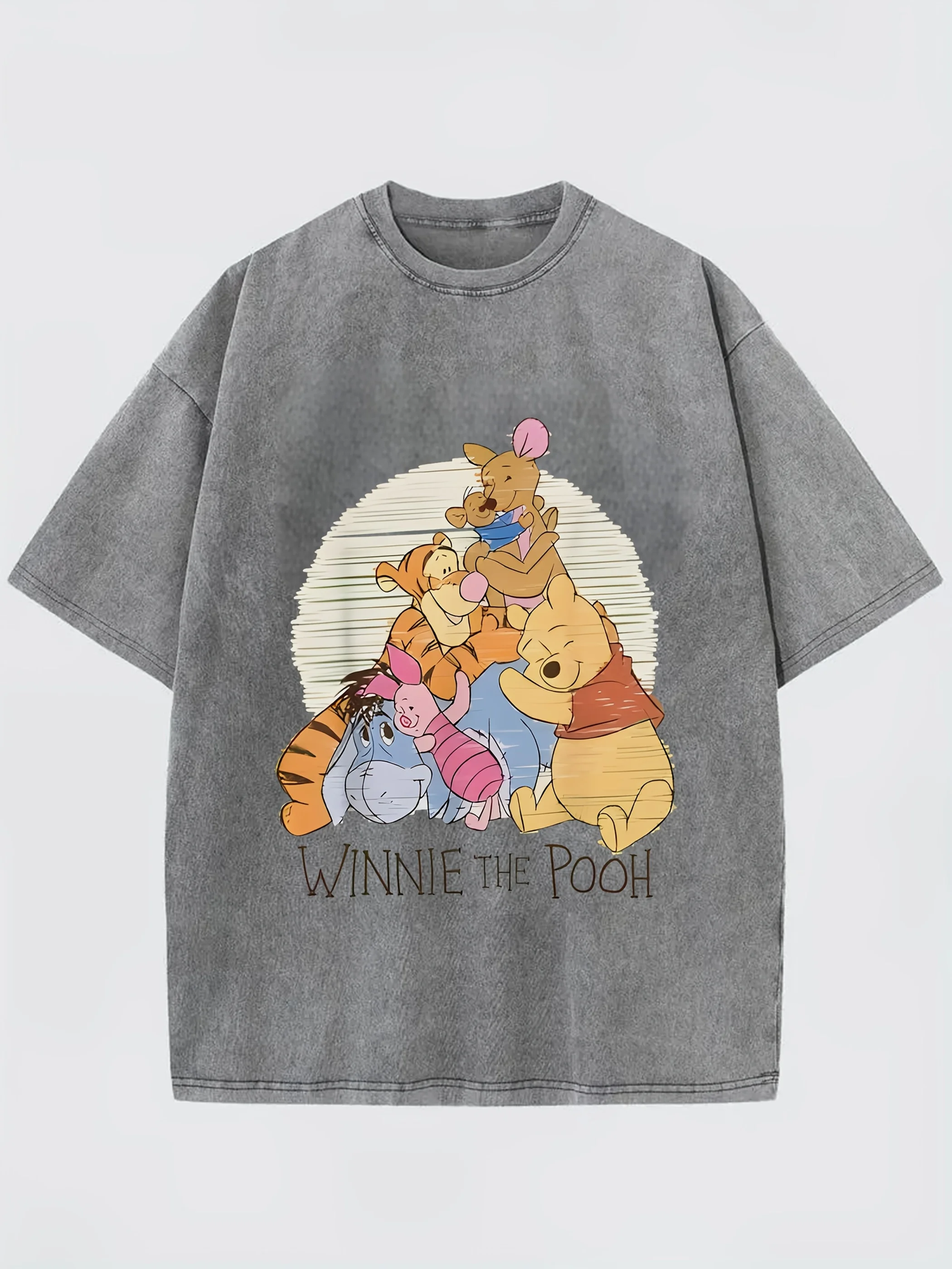 

Winnie the Pooh Piglet Eight Treasure Bag Gulu Gulu Couple Fashion Washed Retro Batik High Quality 230g Thickened Cotton T-shirt