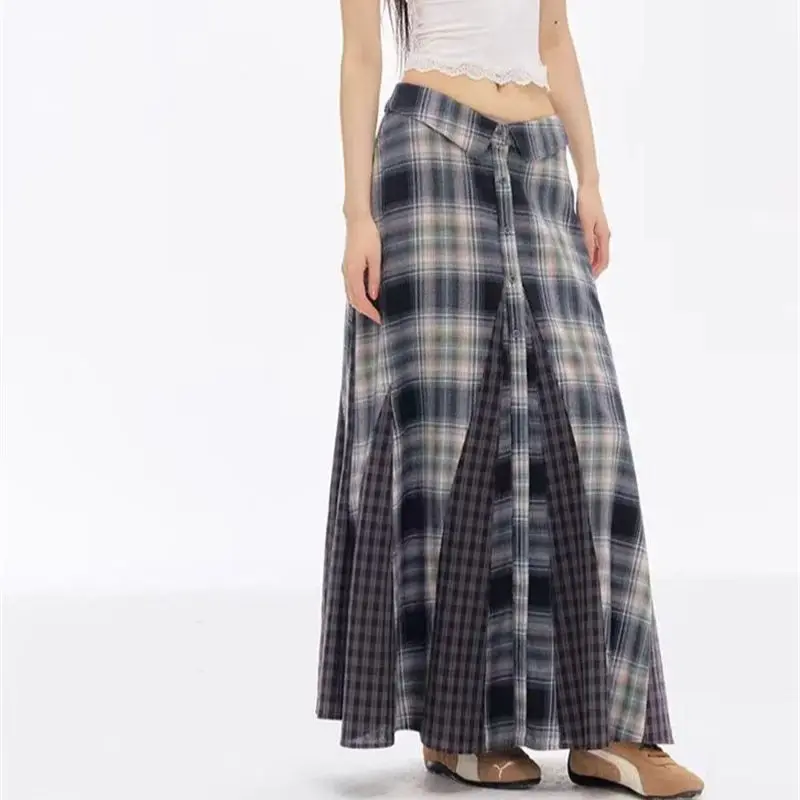 Nouvelle mode Plaid imprimé Jupe femmes Vintage été taille basse épicé fille Midi jupes Patchwork contraste couleur Preppy Jupe