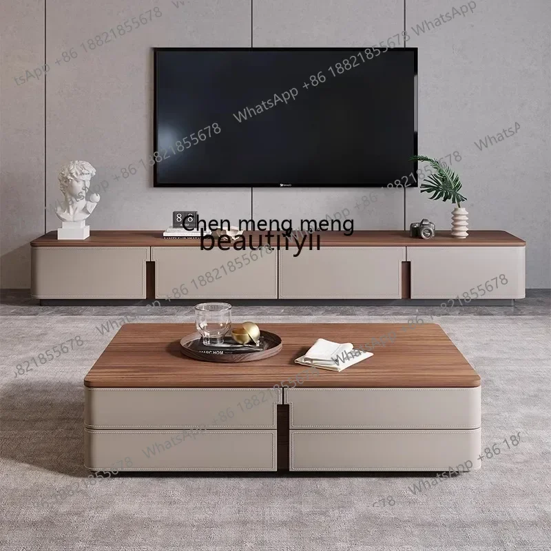 

17832 Retro style solid wood coffee table TV cabinet combination modern simple living room saddle leather floor cabinet