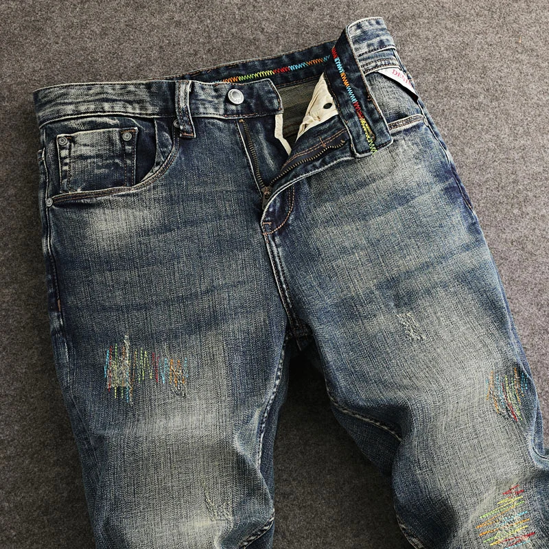 

Street Designer Fashion Men Jeans Retro Blue Stretch Slim Fit Ripped Jeans Men High Quality Embroidery Vintage Y2K Denim Pants