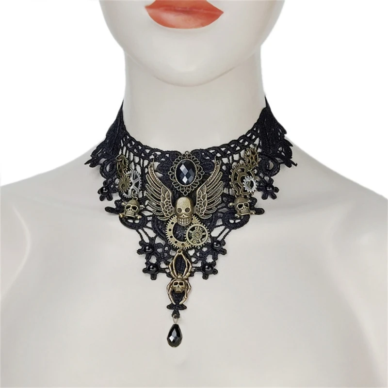 Skull Gears Choker Necklace Black Hollow Lace Necklace Adjustable Choker