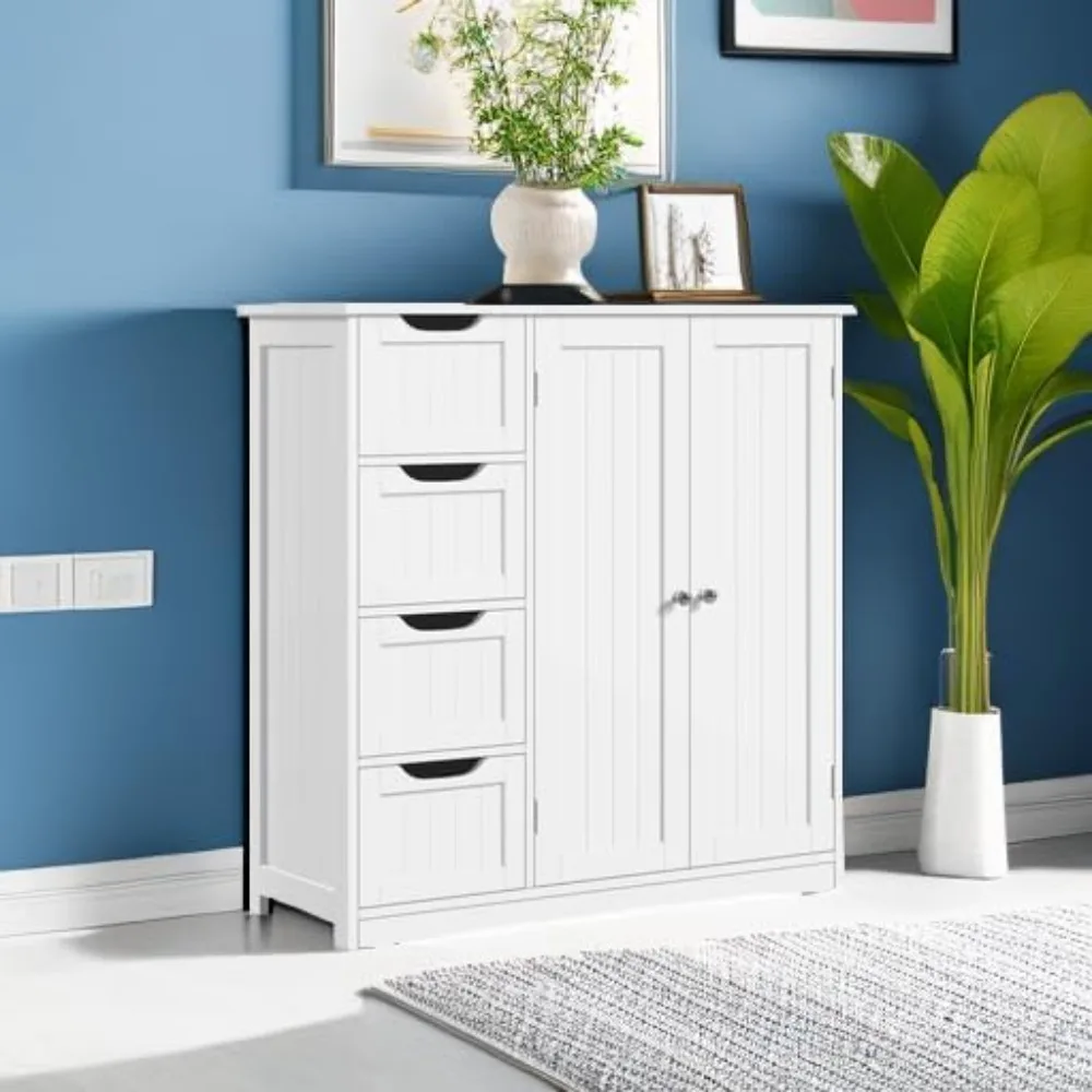

Wooden Bathroom Floor Cabinet, Side Storage Organizer Cabinet with 4 Drawers & Double Doors, Freestanding bathroom furniture