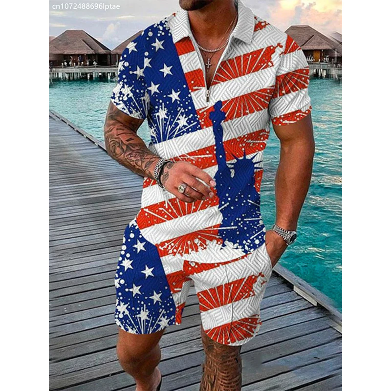 American Eagle Flag 3D Print Men's Tracksuit Sets Casual Zipper Polo Shirt And Shorts 2pcs Sets Fashion Streetwear Man Pullover