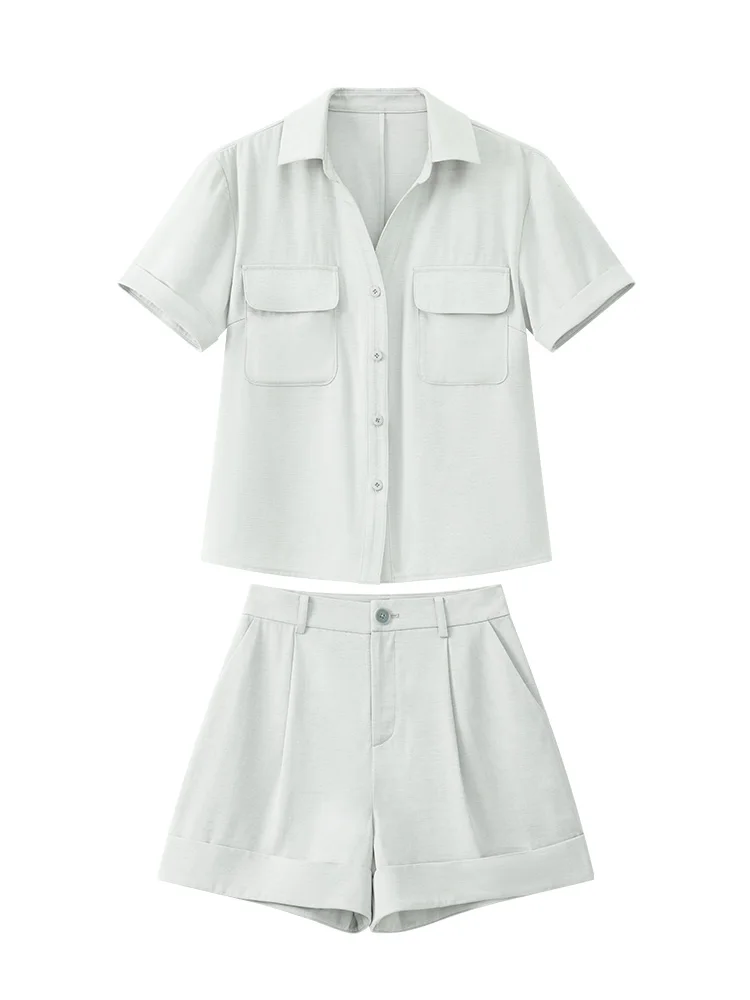 Conjunto de dos piezas de lino para mujer, camisa de manga corta y pantalones cortos con puños de cintura alta, traje informal ajustado, ropa de oficina o de vacaciones