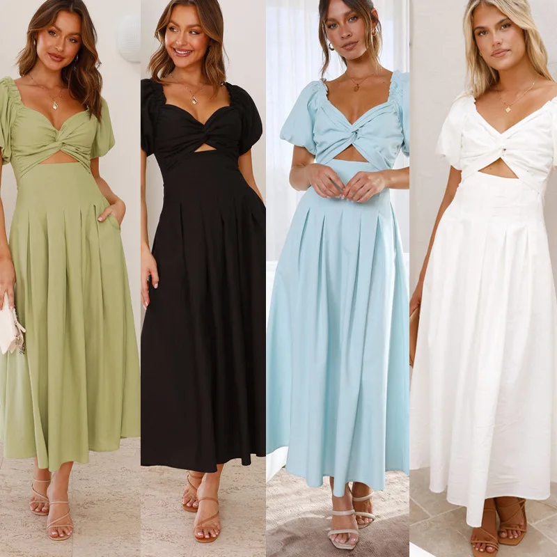 

European and American New Style2025Women's New Solid ColorVCollar Long Puff Sleeve Long Slimming Dress