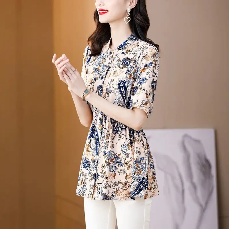 French Style Vintage Printed Midi Blouse Stylish Shirring Waist Office Lady Single-breasted O-Neck Summer Short Sleeve Shirt New