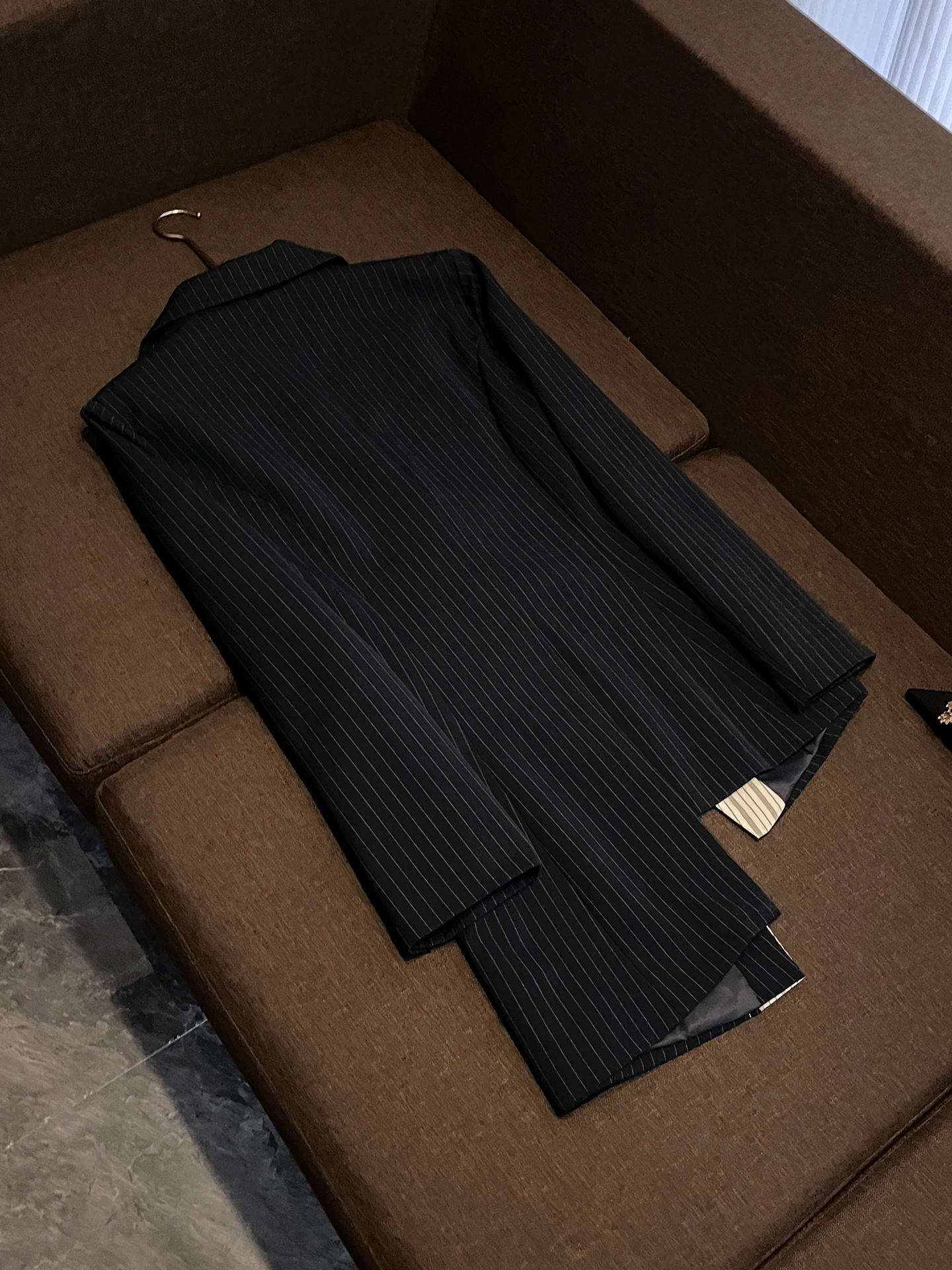 Black Stripe Asymmetric Design Long Sleeve Suit Jacket for Women Commute Style Splicing Color Block Slim Fit Regular Length