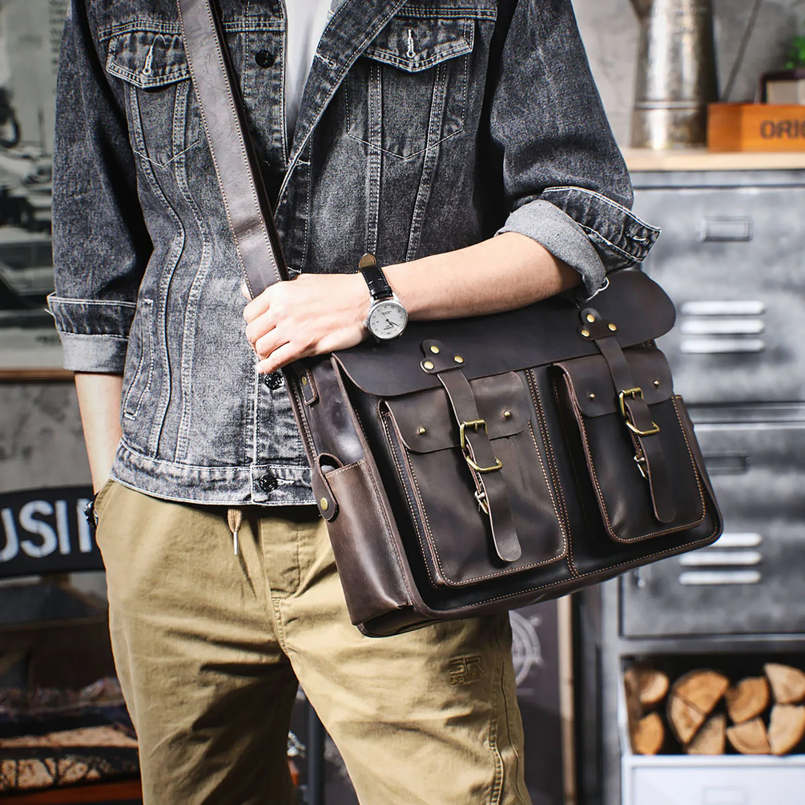 S.WORKER Vintage Echtleder Herren-Aktentasche 16" Laptop-Tasche Crazy Horse Leder Messenger-Handtasche Rindsleder Geschenkidee für Männer – Detail 3