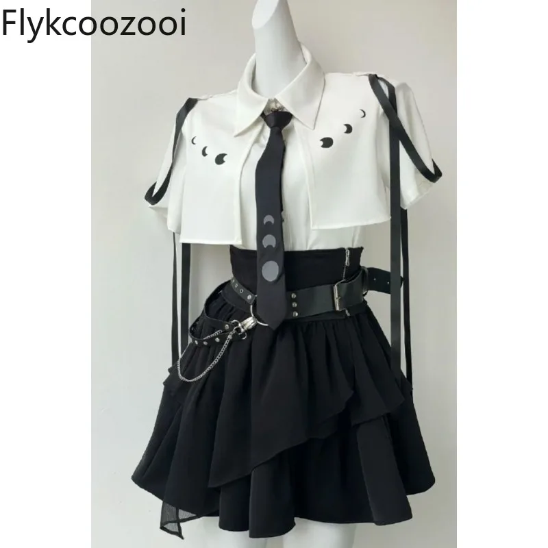 

Preppy Gothic Retro Cosplay Lolita Set Short Sleeve Shirt Women High-waisted Cake Skirt Waist Accent Summer Slim Three Pieces