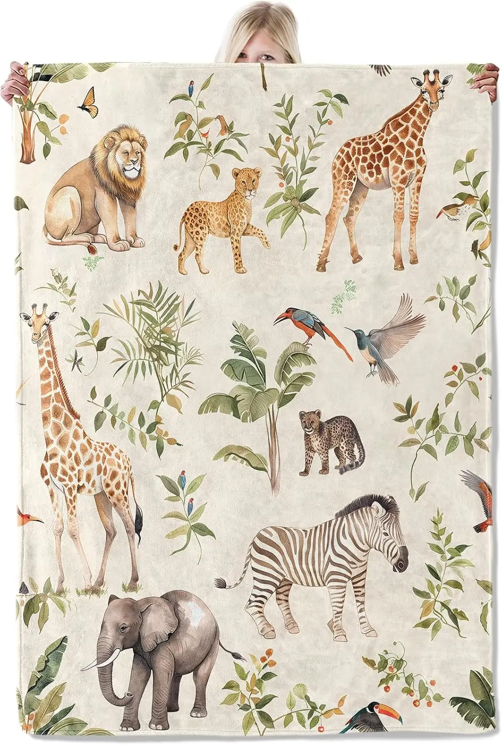 Safari Animal Throw Blanket Lion Giraffe Elephant Jungle Bird Flannel Blanket Wildlife Decor Gifts for Kids Boys Nature Lovers
