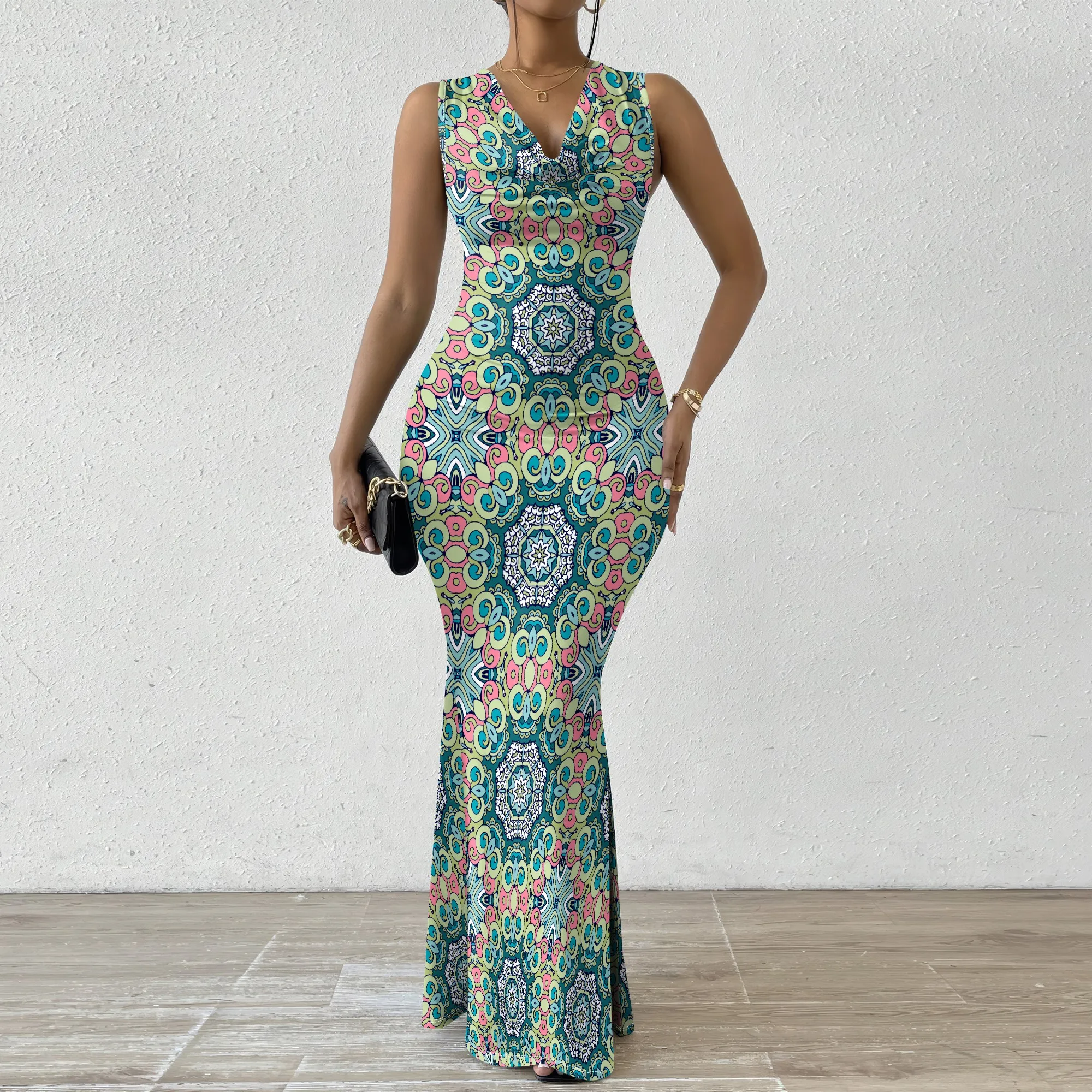 

Women's Boho Mandala Print Maxi Dress V-Neck Sleeveless Bodycon Gown XS-2XL Festival Party Ethnic Evening Resort