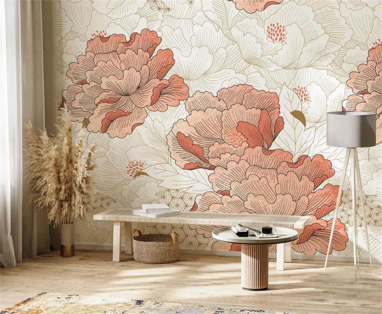 Japanese style Pink Peony Flower Lines Watercolor Wallpaper Bedroom Living Room TV Homestay Background Wall Custom Mural
