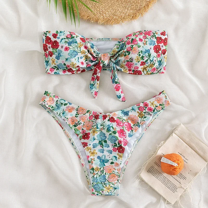 Floral Print Bandeau Bikini Set Off Shoulder Push Up Swimsuit Women Tube Top  Bikinis Knot Swimwear 2024 Sexy Summer Bathing Suit