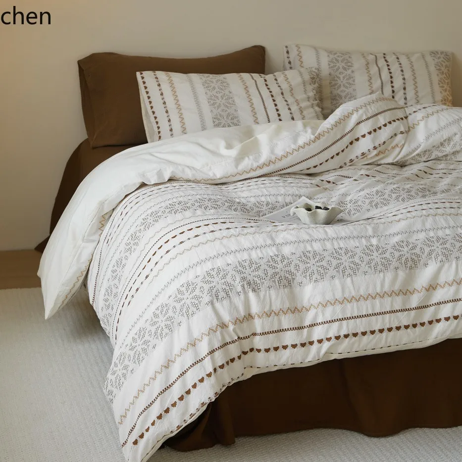 ZML all-cotton four-piece jacquard striped bedding set for all seasons