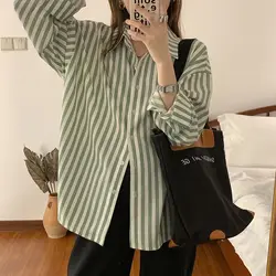Minimalist Green Striped Shirt for Women 2024 New Shirt Jacket Long Sleeved Top Chiffon Blouse for Women