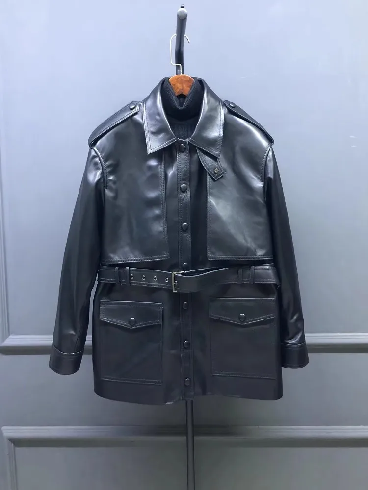 Frühling Herbst Retro Einreiher Gürtel Frauen Jacke Tasche Turndown Kragen Mantel Arbeit Dame Slim Fit Echt Schaffell Windjacke