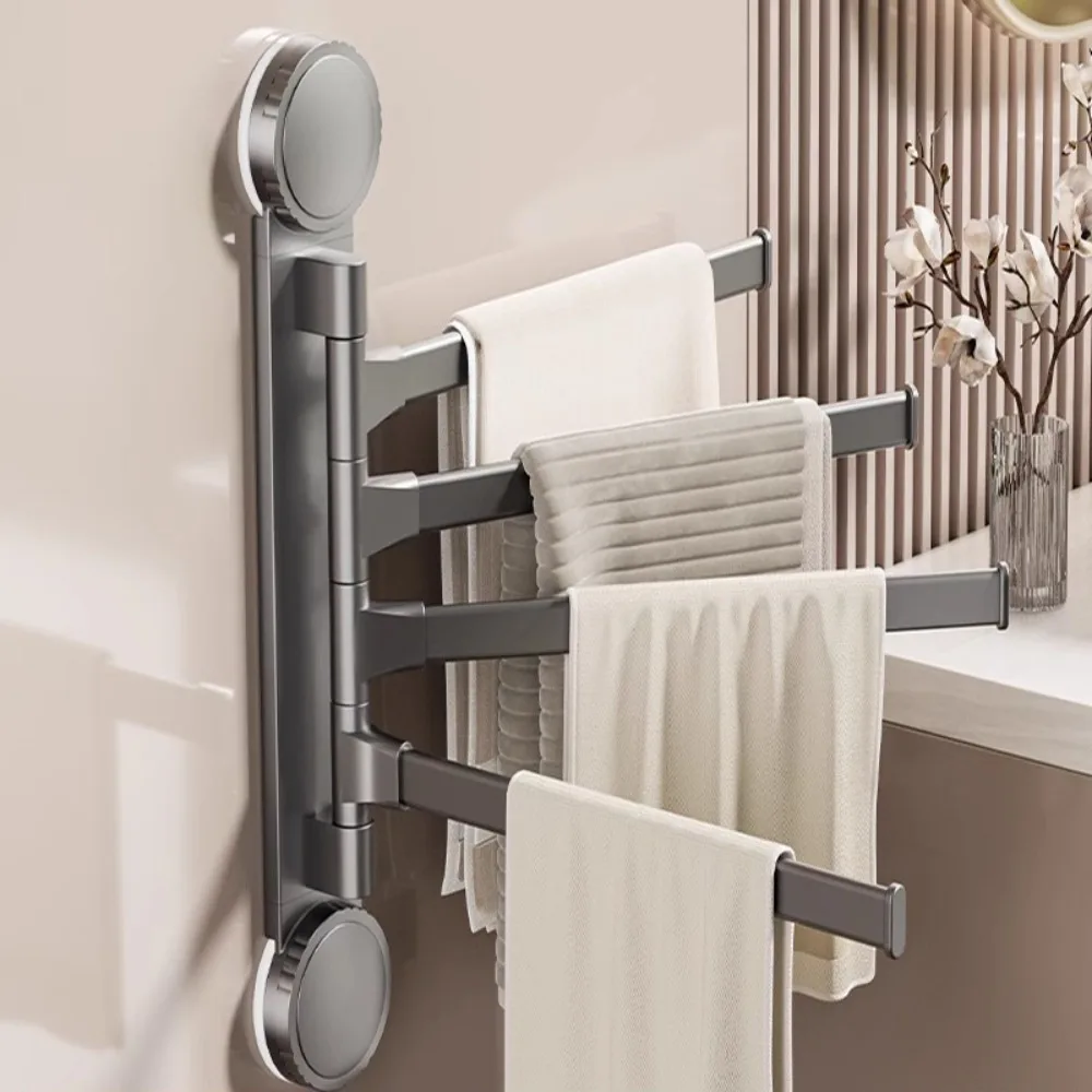 

4-Arm Suction Cup Towel Rack Wall Mounted Swivel Design Towel Holder No Drilling Aluminum Bathroom Storage Rack