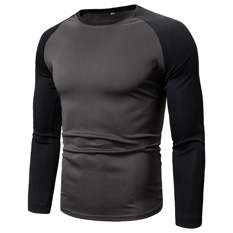 New men's color blocked top for foreign trade, four season men's long sleeved patchwork round neck men's T-shirt image 3