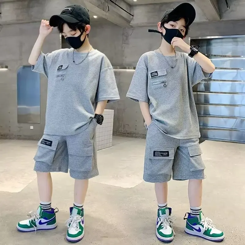 2026 summer Teenager Boys Clothes Casual solid thin Kids Tracksuit Children set black t shirt + short pant pocket 5 6 7 12 Year