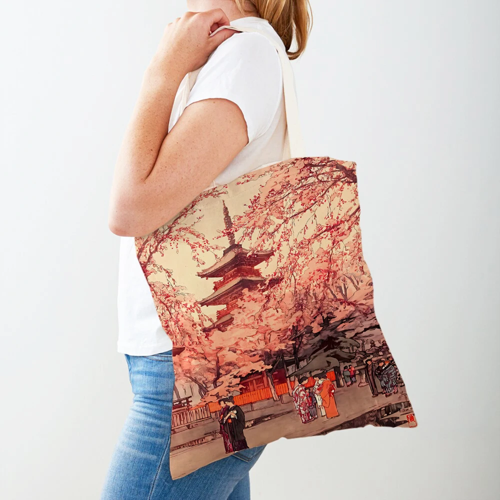 Japanese Painted Fuji Mountain Architectur Women Shopping Bags Casual Canvas Handbag Art Decor Music Shopper Bag Lady Tote