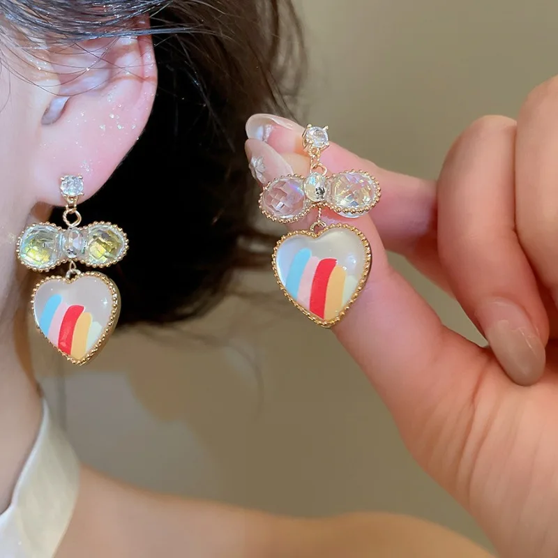 

Minar New Chic Striped Glass Rhinestones Love Heart Bowknot Drop Earrings for Women 18K Real Gold Plated Copper Daily Jewelry