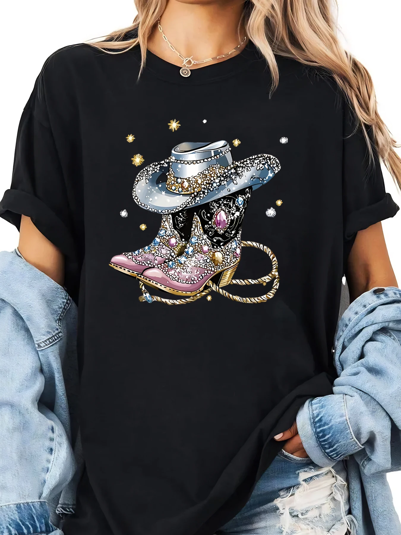 Cappello da cowboy e stivali Stampa T-shirt ampia da donna di Halloween Abbigliamento da festa casual Nero Taglie forti